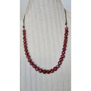 Boho Red Baroque Pearl Necklace on Brown Leather Cord 24 in
